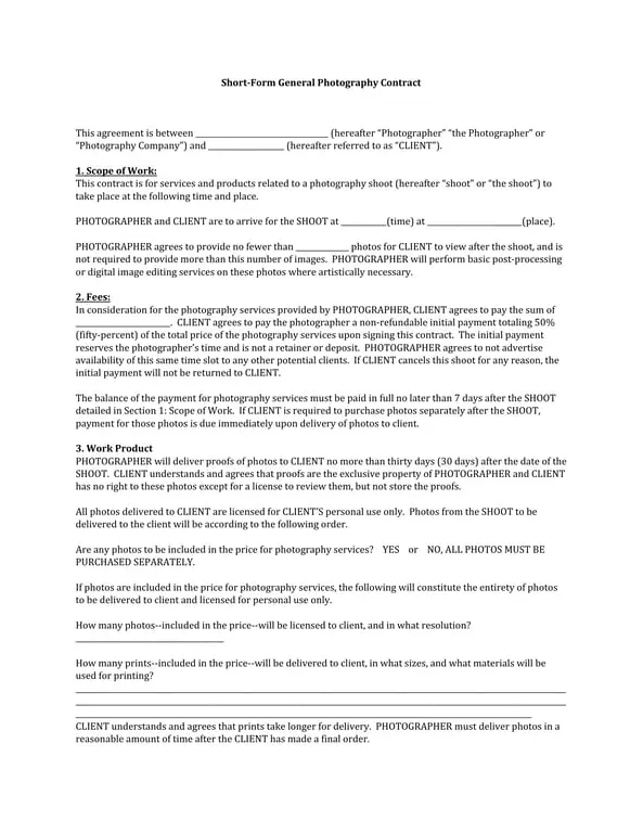 General Photography Contract Agreement - Terms, Services, and Payment Obligations