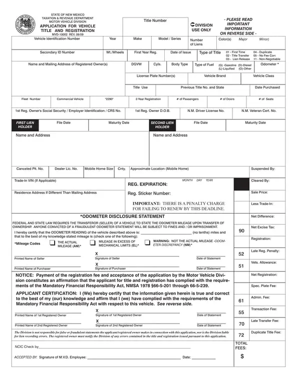 New Mexico MVD-10002 Vehicle Title and Registration Application