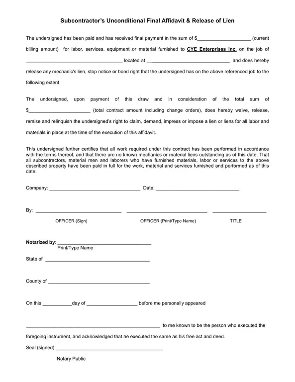 Contractor's Unconditional Lien Release for CYE Enterprises