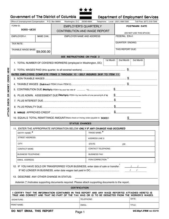 Quarterly Contribution and Wage Report DOES-UC30 District of Columbia