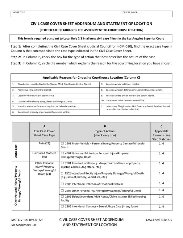 LASC CIV 109 - Civil Case Cover Sheet Addendum and Statement of Location for LA Superior Court