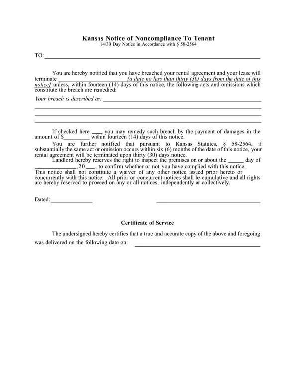 Kansas Statute § 58-2564 Eviction Notice for Noncompliance