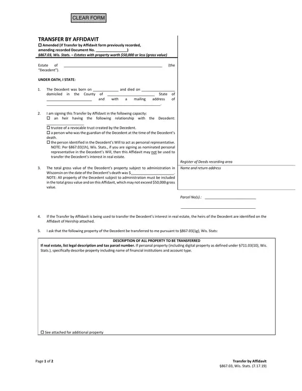 Wisconsin §867.03 Transfer by Affidavit for Estates under $50,000