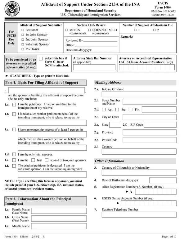 I-864 – Affidavit of Support (Financial Sponsorship Declaration)