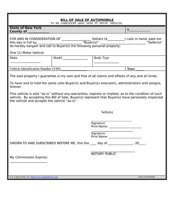 New York Auto Sale Document with Odometer Notice