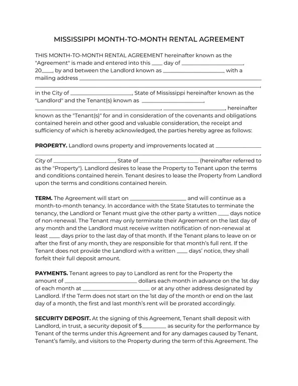 Mississippi Month-to-Month Rental Agreement Details