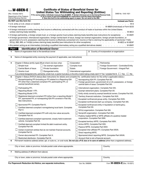 W-8BEN-E IRS Entity Tax Status Certificate