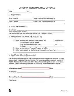 Virginia General Bill of Sale - Ownership Transfer Document form preview