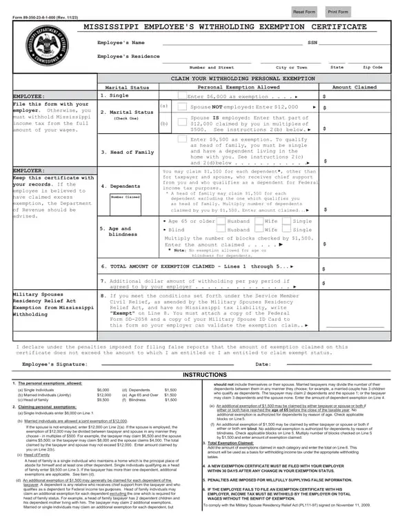 Mississippi Employee's Withholding Exemption Certificate 89-350-23-8-1-000 Overview