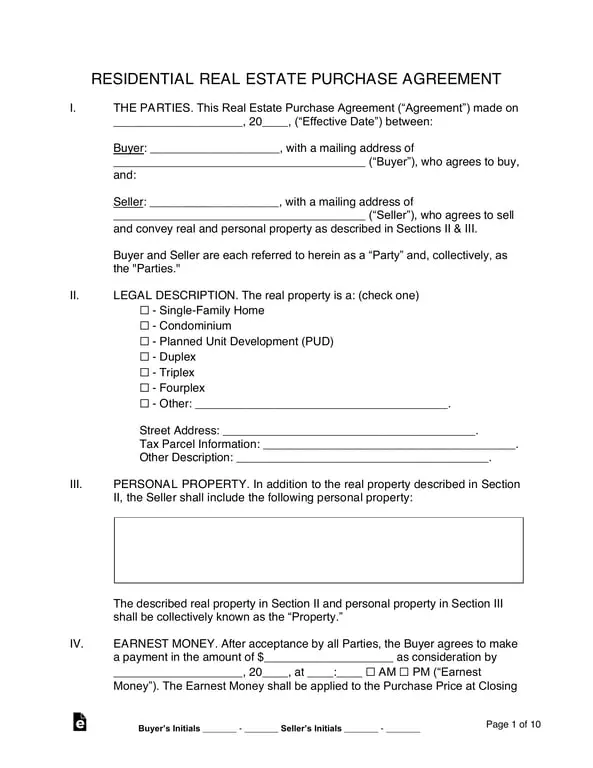 Residential Real Estate Purchase Agreement Details and Initials