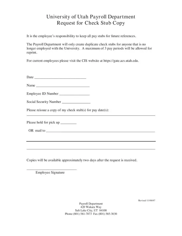 Utah University Duplicate Check Stub Request