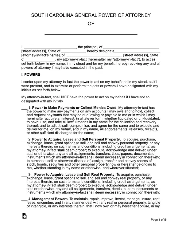 South Carolina General Power of Attorney Details and Appointee Rights