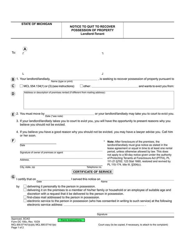 Michigan Property Possession Notice - DC 100c