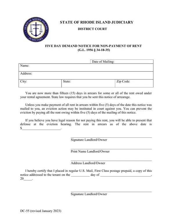 Rhode Island DC-55 Five Day Demand for Non-Payment of Rent Notice