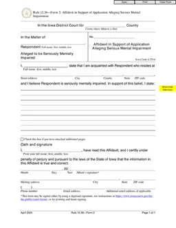 Iowa District Court Affidavit of Support - Form 2 for Mental Impairment Cases form preview