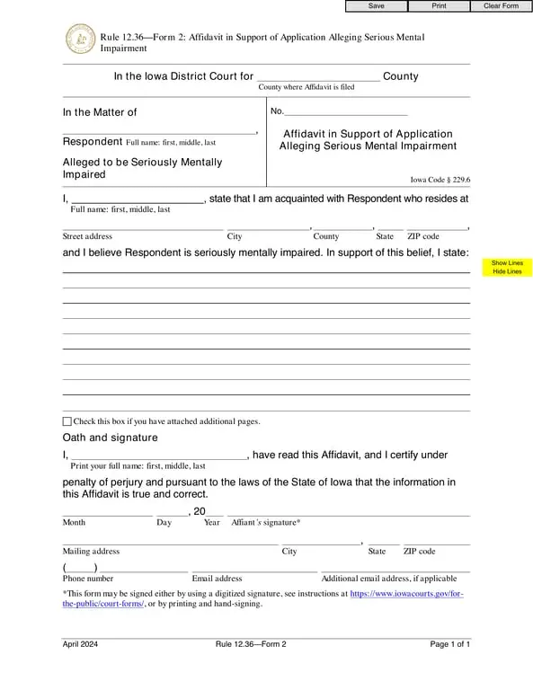 Iowa District Court Affidavit of Support - Form 2 for Mental Impairment Cases