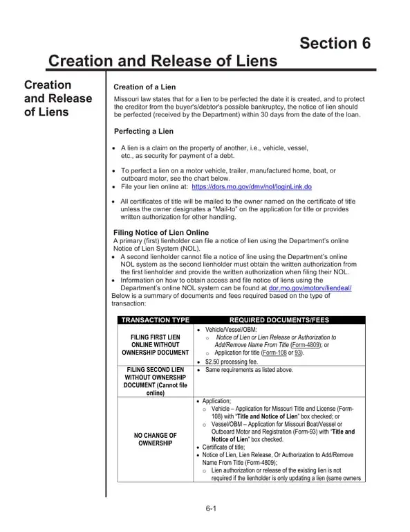 Missouri Lien Creation and Release Section 6 Online Filing