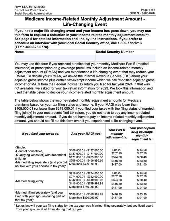 Social Security Administration SSA-44 for Revised Medicare Premiums after Major Life Events