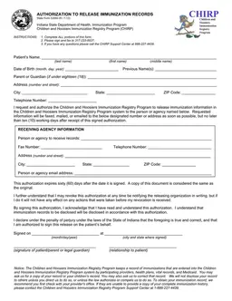 Indiana Immunization Record Release Authorization form preview