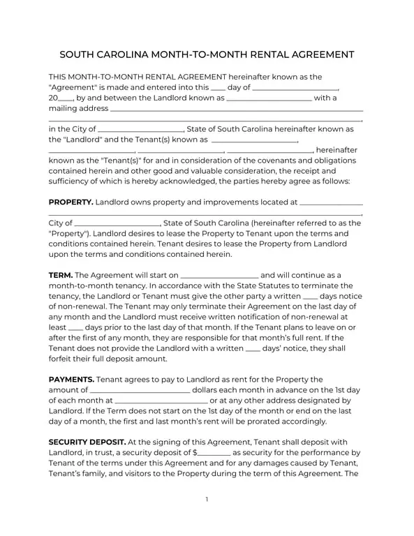 South Carolina Month-to-Month Rental Agreement Overview