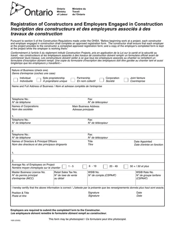 Ontario 1000 - Registration for Constructors and Employers in Construction