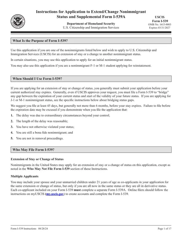 I-539 Extend Stay or Change Nonimmigrant Status USCIS Application