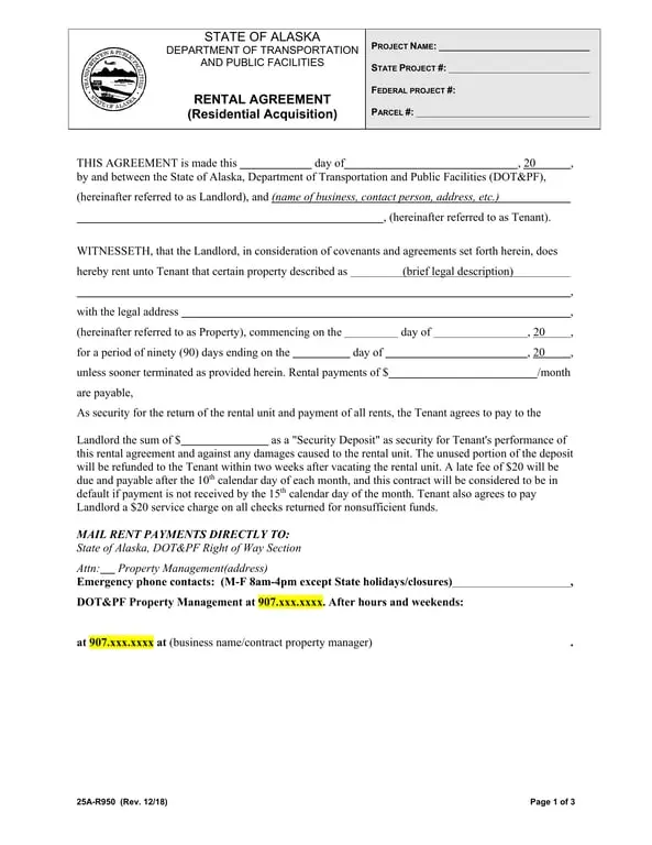 Alaska State 25A-R950 Residential Acquisition Rental Agreement Basics