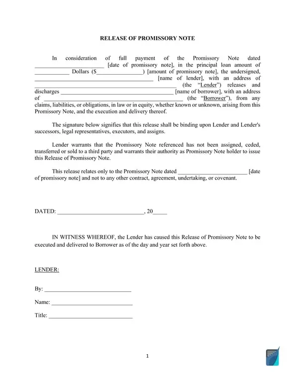 Promissory Note Release Agreement Documentation