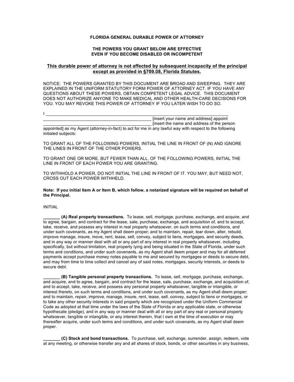 Florida Power of Attorney - Authorizing Financial Management under Florida Statutes §709.08