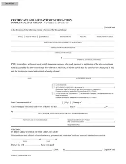 Virginia Certificate of Satisfaction CC-1505 Master 10/19 - Property Debt Release form preview