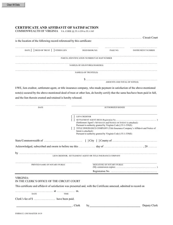 Virginia Certificate of Satisfaction CC-1505 Master 10/19 - Property Debt Release