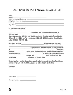 ESA Letter for Disability Certification and Animal Support form preview