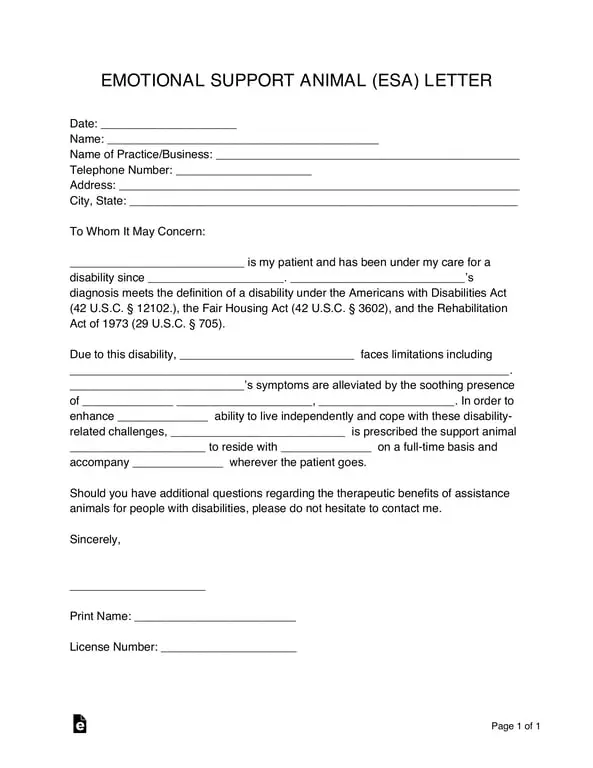 ESA Letter for Disability Certification and Animal Support