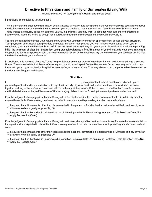 Directive to Physicians and Family - Advance Directives Act §166.033