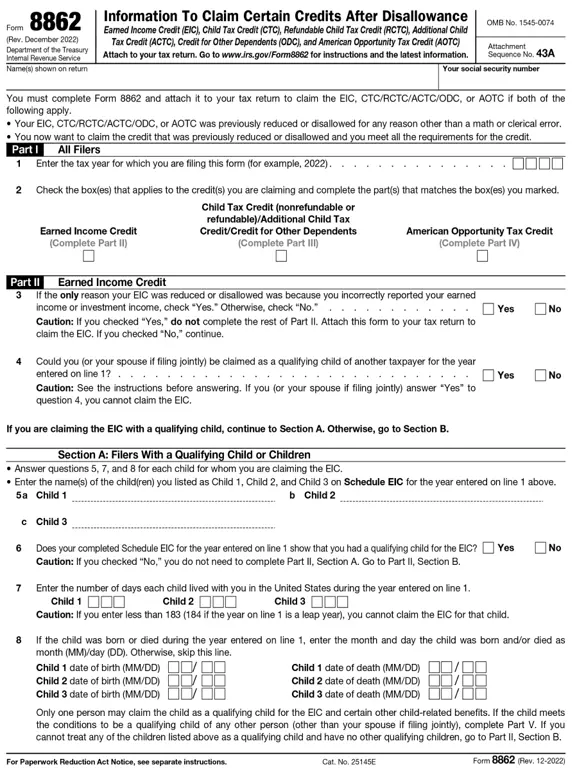 8862 – Information to Claim Certain Credits After Disallowance