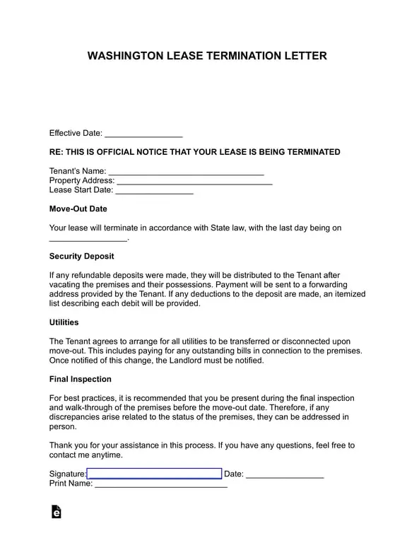 Washington Lease Termination and Deposit Settlement Notice