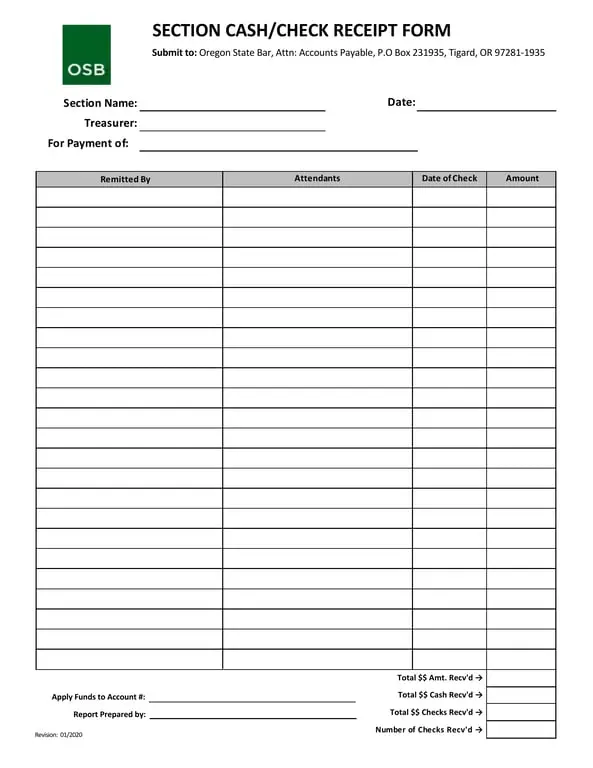 Oregon State Bar Cash and Check Receipt Tracker