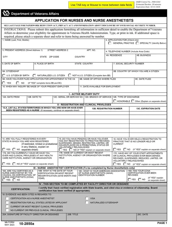 10-2850a – VA Application for Registration as Health Care Provider