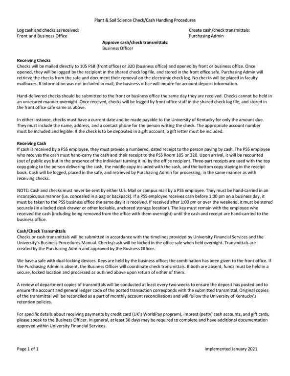 Kentucky Cash Handling Procedures for Plant & Soil Science Department