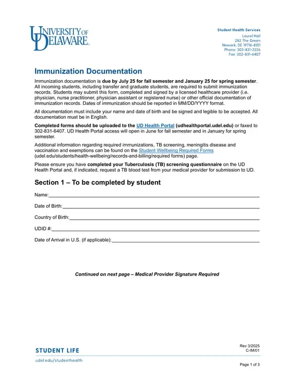Delaware Student Immunization Documentation C-IM/01 - UD Health Portal Submission
