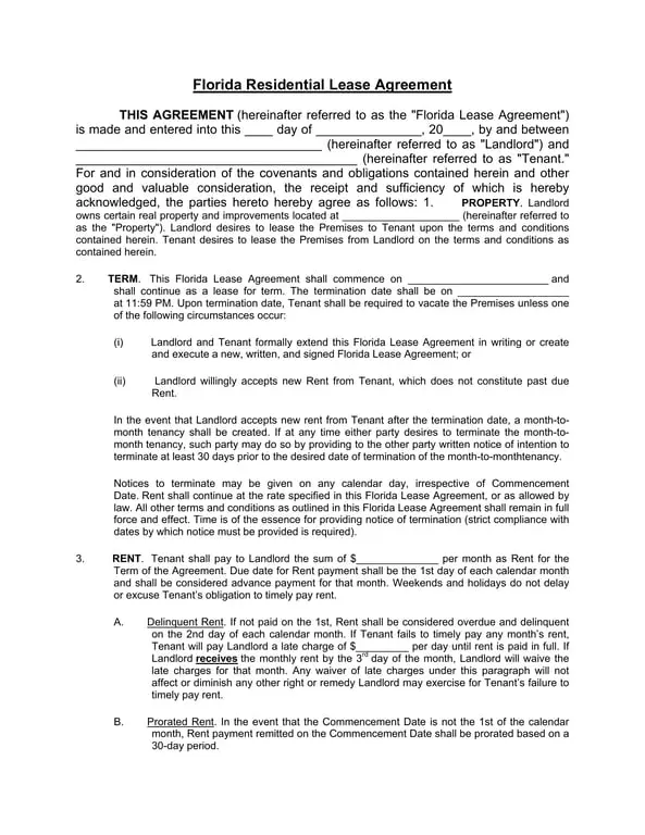 Florida Residential Lease Agreement - Legal Contract for Property Rental