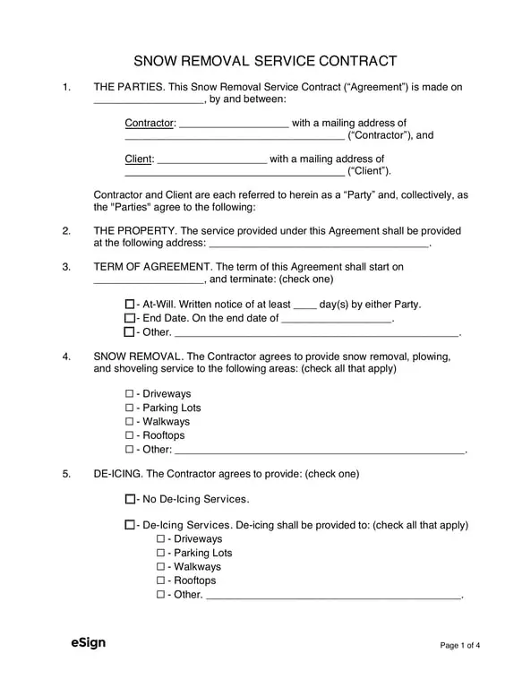 Snow Removal Service Contract Agreement