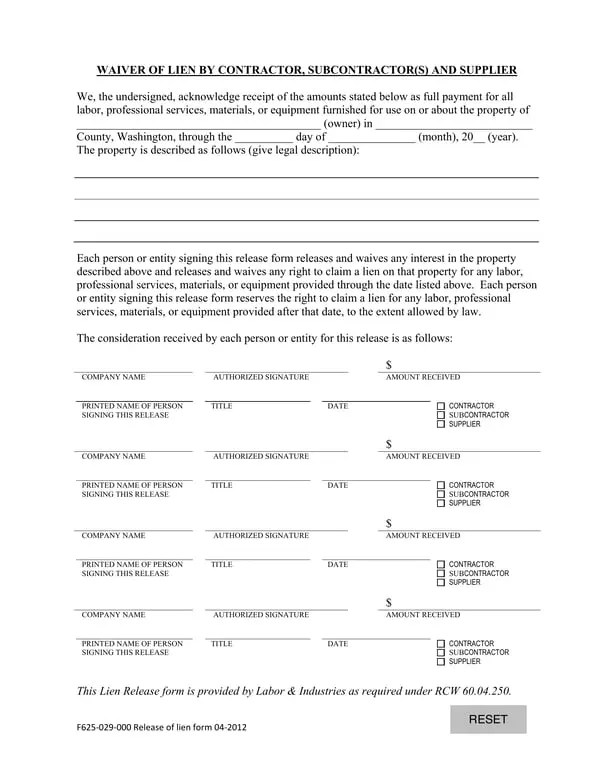 Washington F625-029-000 Contractor's Lien Release