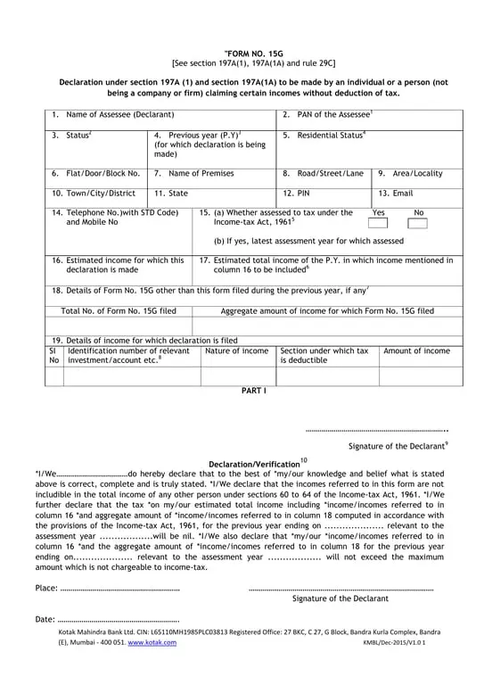 Kotak Mahindra Bank India No. 15G - Tax-Free Income Declaration